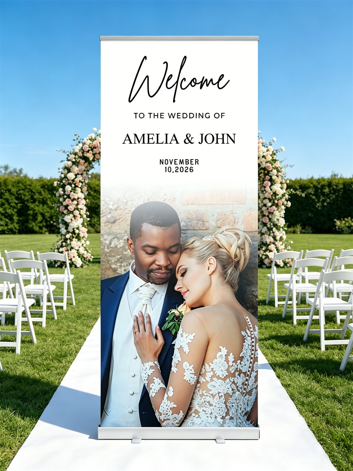 Customized wedding retractable banners - personalized photo wedding welcome signs, reception decorations and background curtains